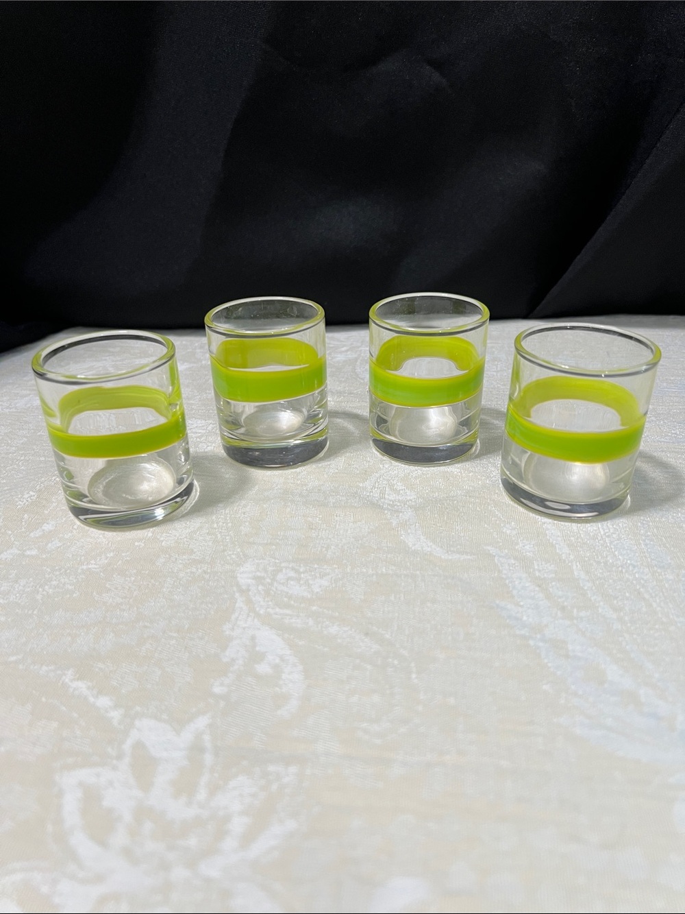 Set of 4 Crate and Barrel Lime Green Band Shot Glasses - Clear Glass Barware